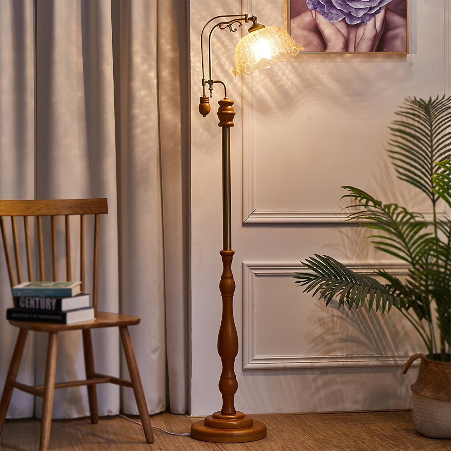 Arched Wood & Brass Floor Lamp