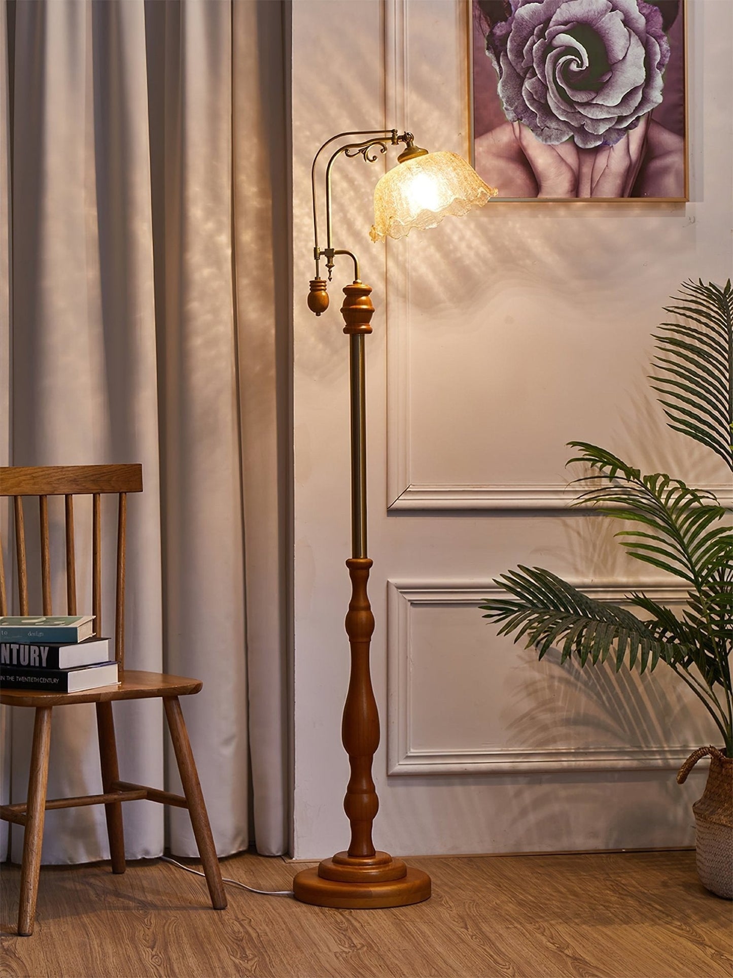 Arched Wood & Brass Floor Lamp
