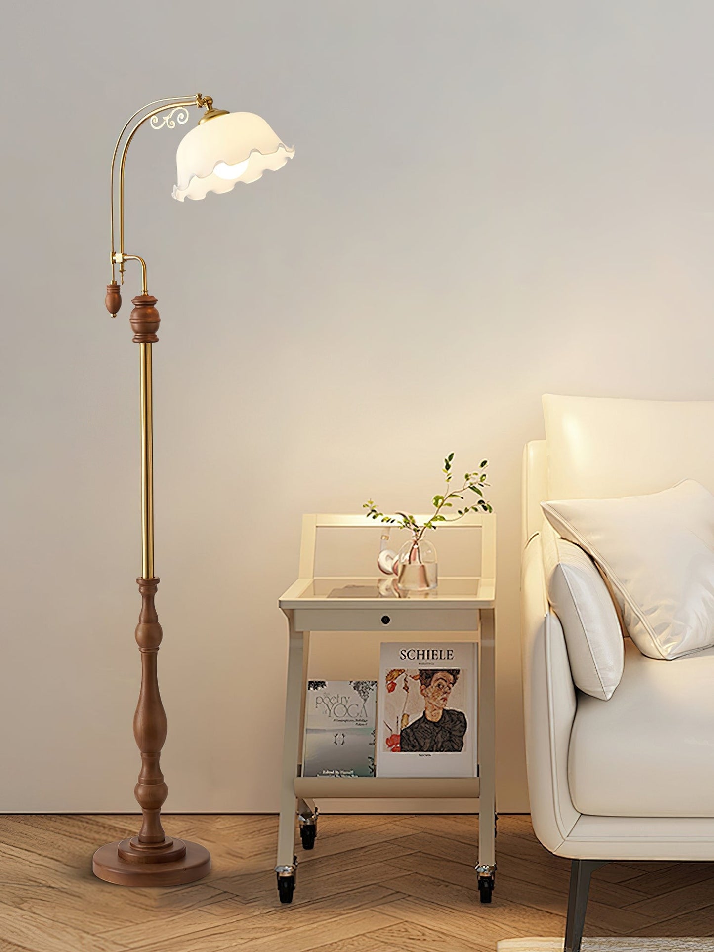 Arched Wood & Brass Floor Lamp