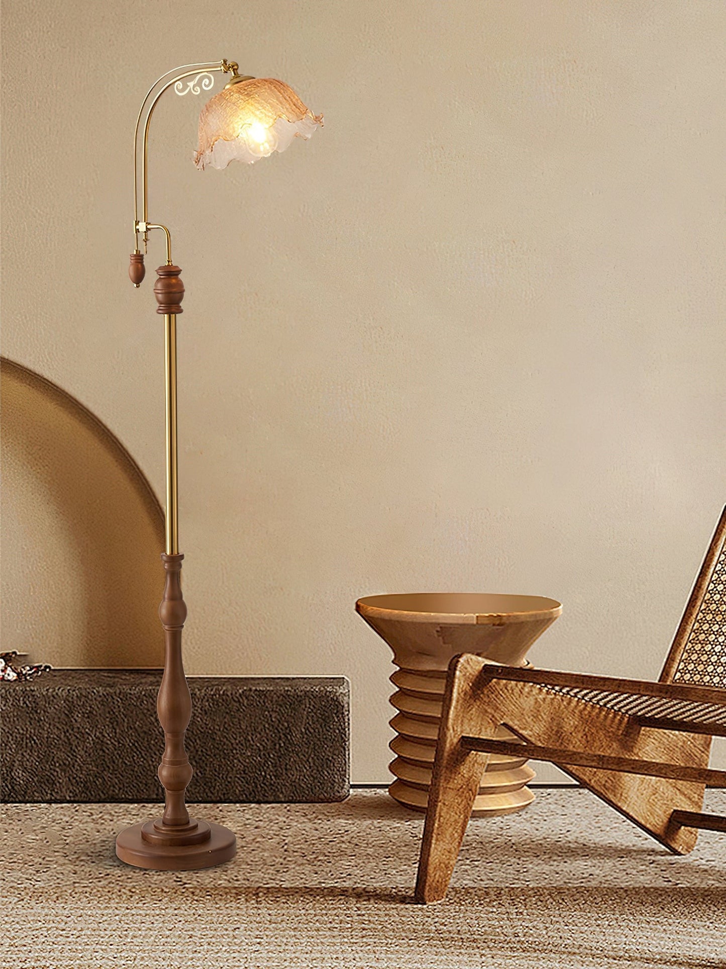 Arched Wood & Brass Floor Lamp