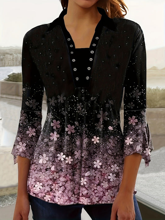 Liora Printed Lapel Button Top